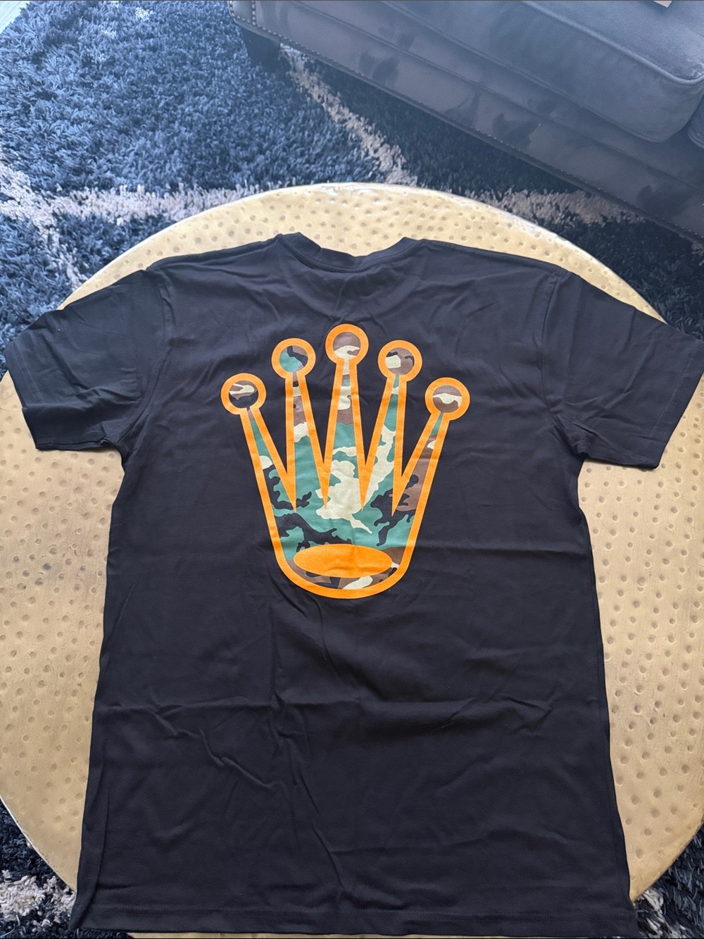 Men's Short Sleeve Black Graphic Tee with Orange & Teal Crown Motif